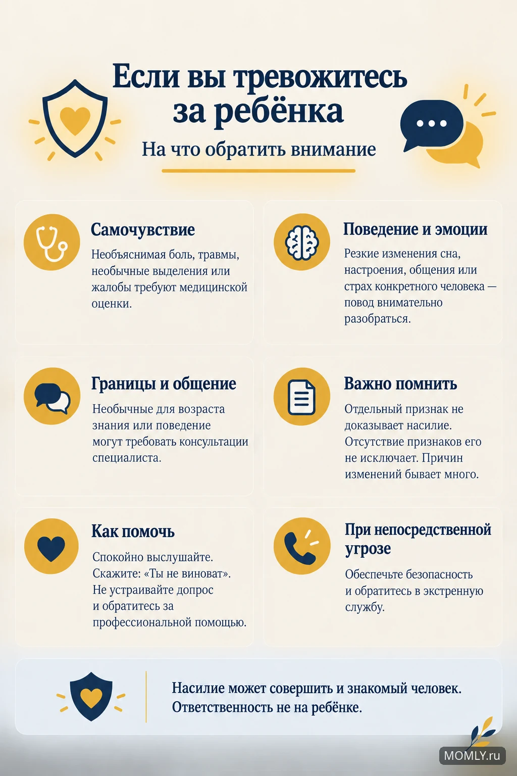Если вы тревожитесь за ребёнка: изменения самочувствия и поведения, ограничения признаков, поддержка без обвинений и профессиональная помощь.