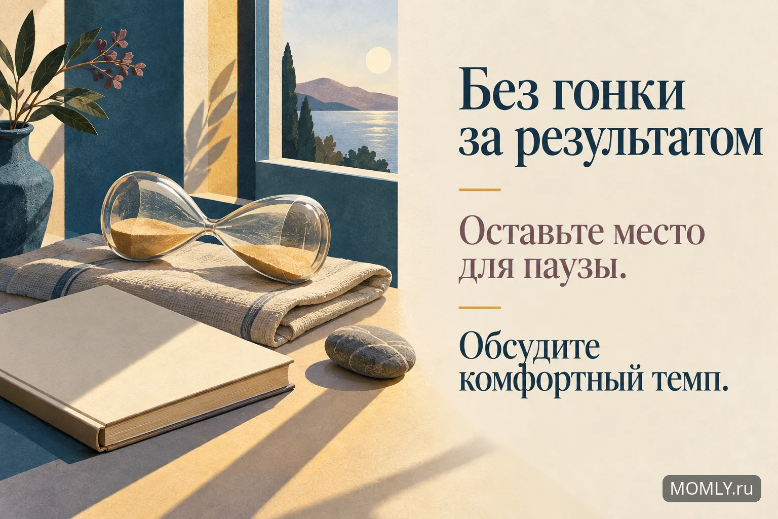 Песочные часы лежат на боку рядом с блокнотом; напоминание о паузе и комфортном темпе.