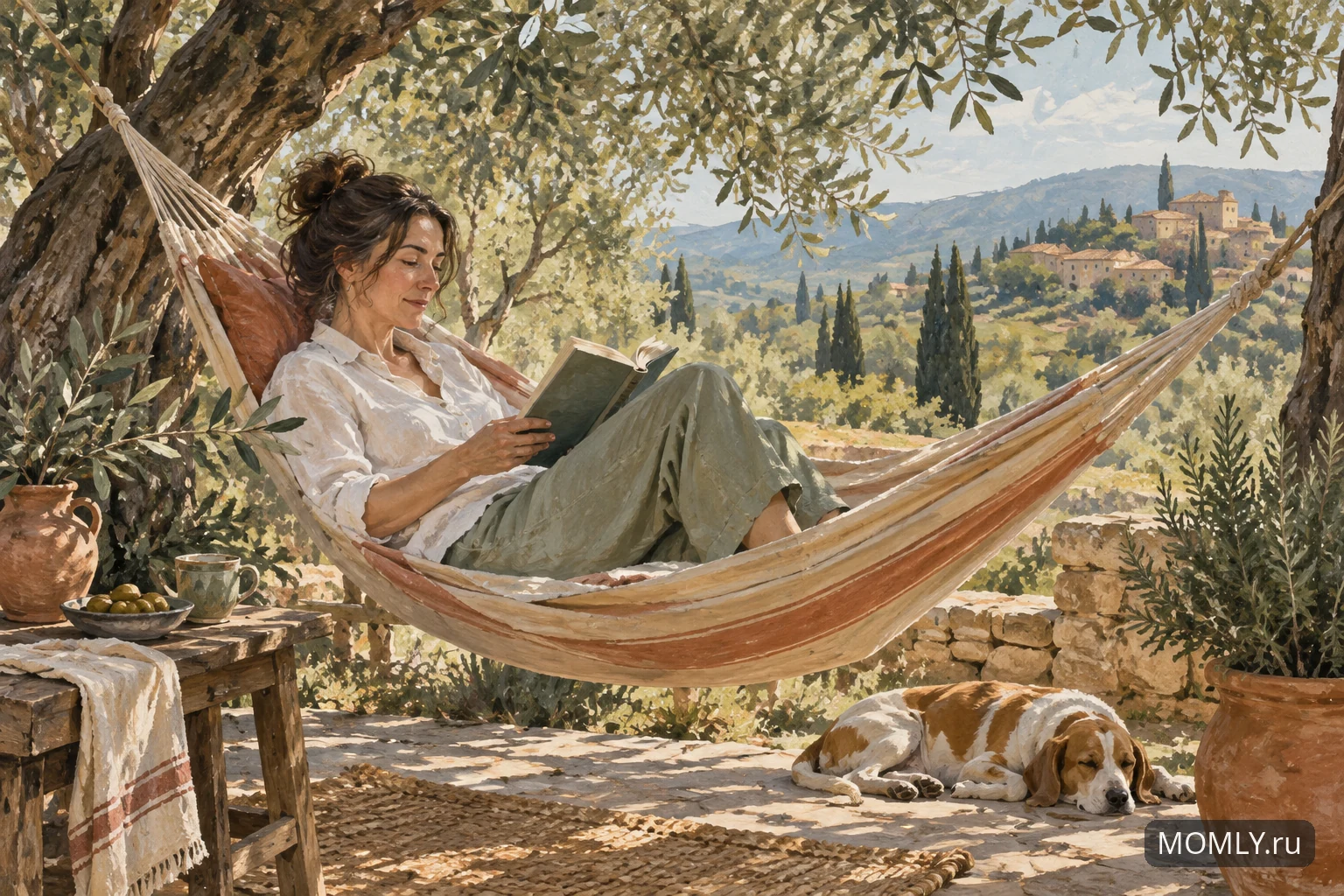 Женщина отдыхает с книгой в гамаке среди деревьев