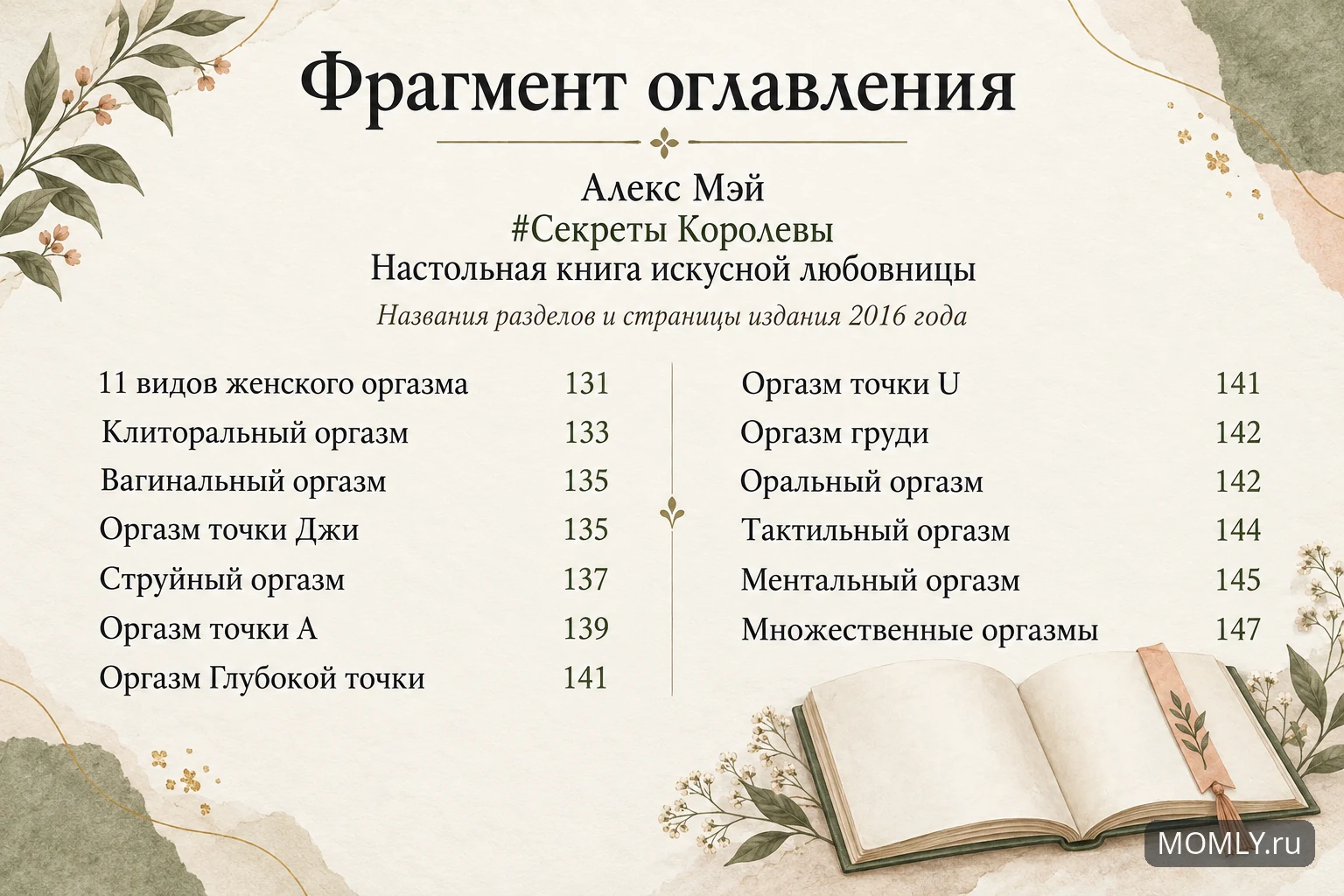 Фрагмент оглавления книги Алекса Мэя «#Секреты Королевы. Настольная книга искусной любовницы»: разделы и страницы 131–147 издания 2016 года.