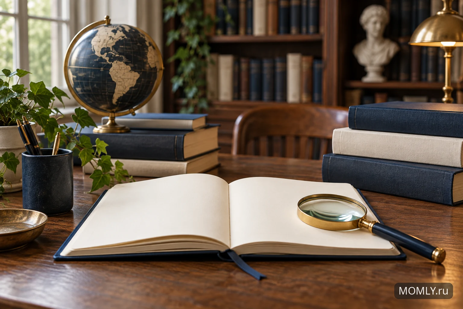 Блокнот и книги на библиотечном столе