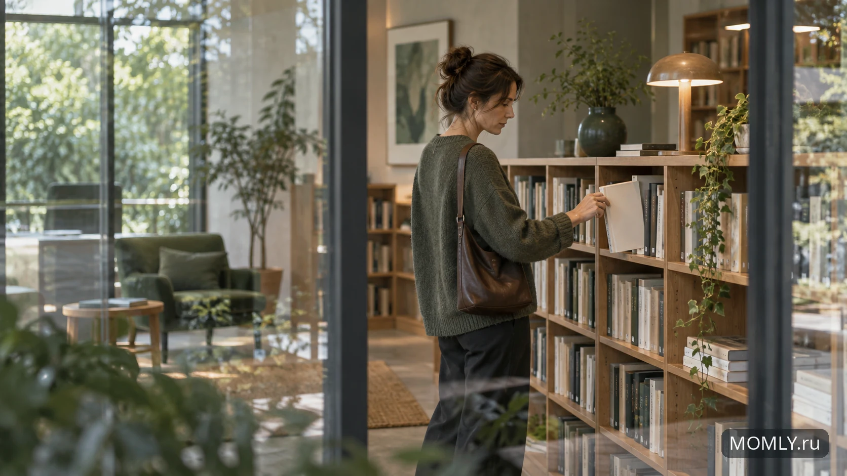 Читатель выбирает книгу в небольшой библиотеке