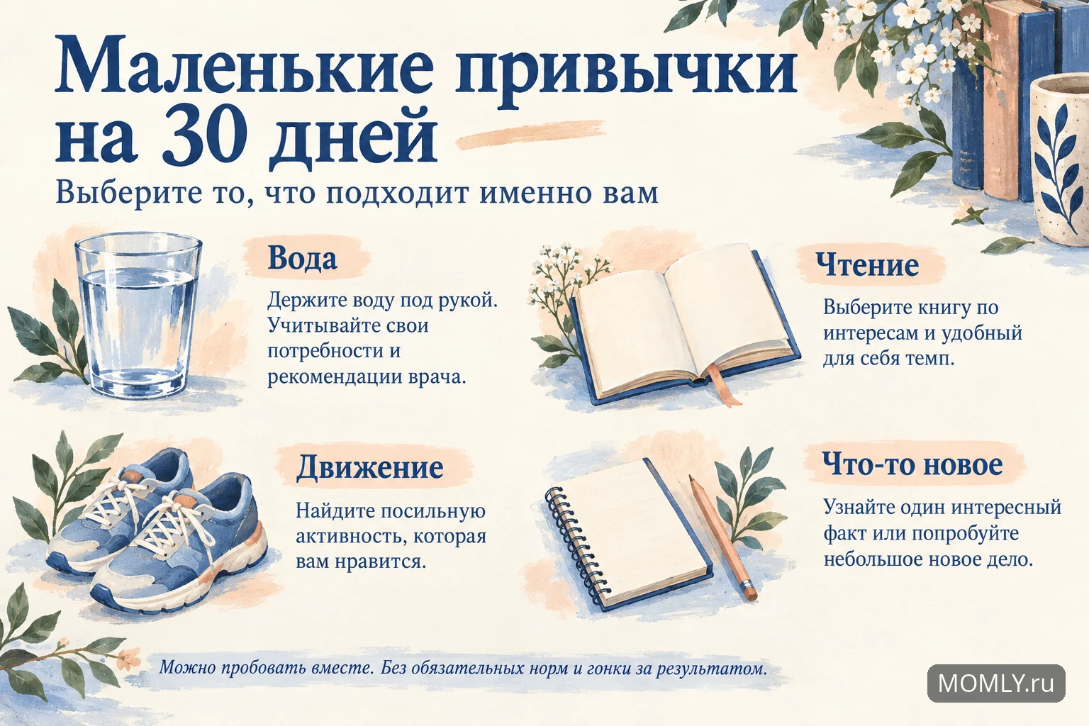 Маленькие привычки на 30 дней: вода с учётом личных потребностей, чтение по интересам, посильное движение и что-то новое. Без обязательных норм.