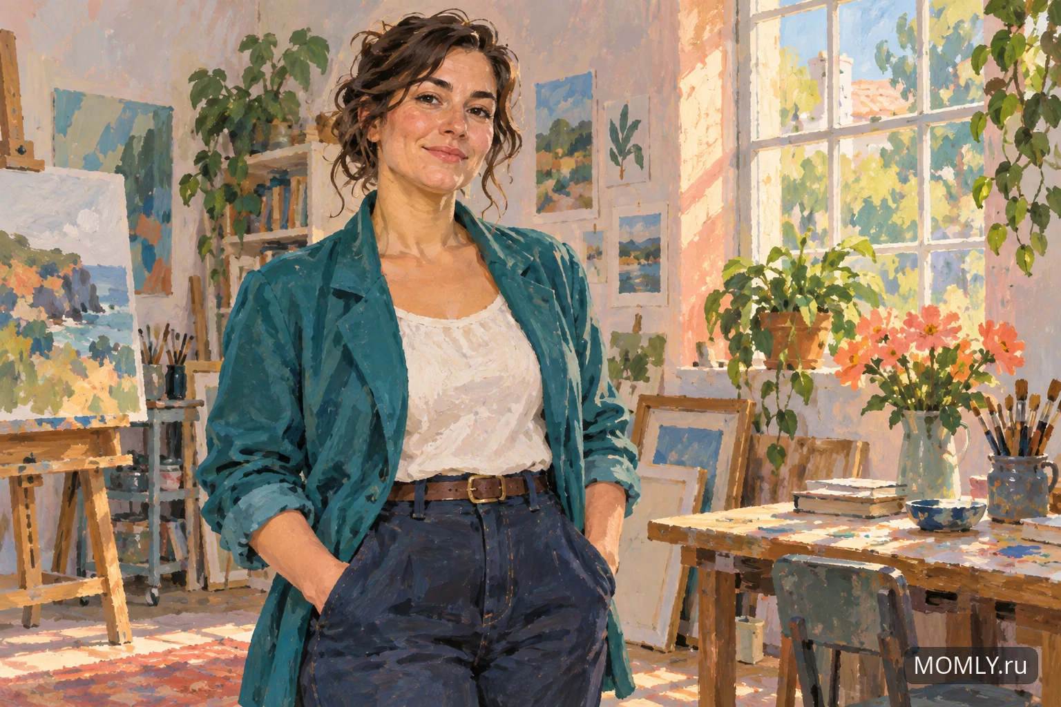 Женщина спокойно и уверенно стоит в светлой мастерской