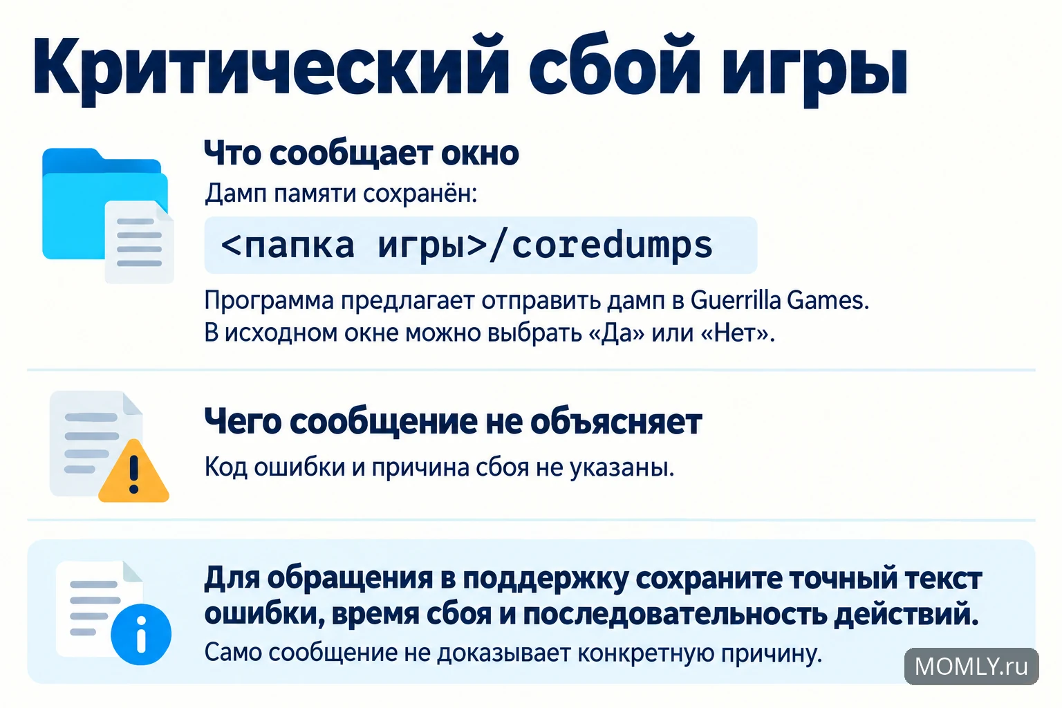 Критический сбой игры: дамп в папке coredumps, предложение отправки в Guerrilla Games; код и причина не указаны.