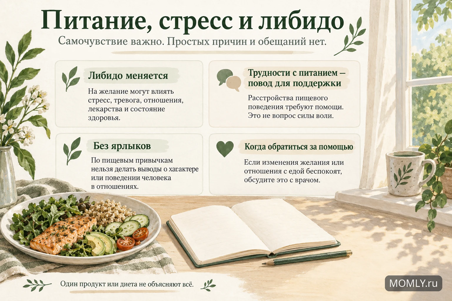 Питание, стресс и либидо: факторы желания, поддержка при трудностях с питанием, отказ от ярлыков и обращение к врачу.