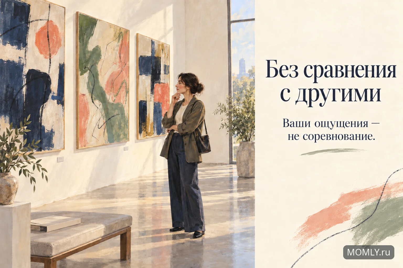 Взрослая посетительница галереи рассматривает разные картины; напоминание, что личные ощущения не являются соревнованием.