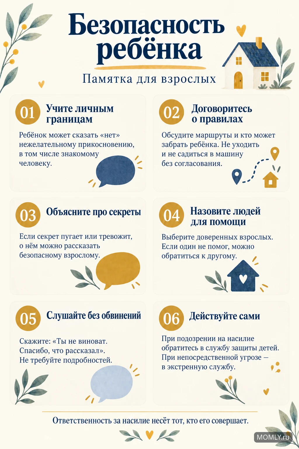 Безопасность ребёнка: памятка для взрослых о личных границах, правилах, доверенных людях, поддержке без обвинений и обращении за помощью.